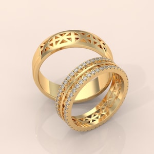 Gold Couple Rings Set – Intricate Cutout and Diamond-Studded Bands, Unique Wedding Rings for Him & Her