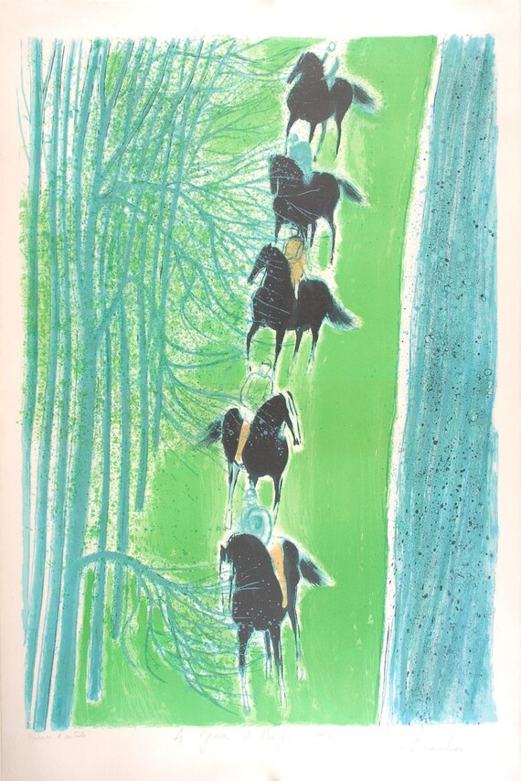 André BRASILIER S/n Lithograph Cavalcade on the Banks of the Cher