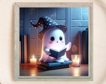 Mago fantasma leyendo un libro Halloween pared arte imprimible lindo fantasma libro amante regalo bibliotecario espeluznante temporada arte mago libro descarga digital
