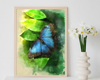 Watercolor Butterfly, Blue Morpho Butterfly, Watercolor Butterfly Downloadable Print, Watercolor Butterfly Art, Blue Butterfly Painting