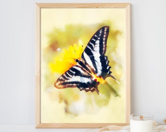 Impresión descargable de mariposa de acuarela, impresión de arte de cola de golondrina de cebra, decoración de pared de mariposa, pintura de mariposa, arte de pared de la naturaleza de acuarela