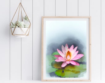 Impresión descargable de flor de loto, pintura de loto de acuarela, arte de la flor de loto, impresión de arte de flores de acuarela, arte de la pared de la naturaleza, loto de acuarela