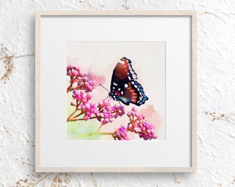 Impresión descargable de mariposa de acuarela, mariposa púrpura con manchas rojas, arte de pared de mariposa de acuarela, impresión de arte de mariposa, pintura de pared