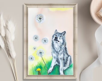 Impresión descargable de pintura de lobo gris, arte de lobo de acuarela, arte de pared de lobo gris, decoración del hogar del lobo, pintura de lobo y diente de León, estampado animal