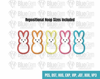 Peeps Applique Embroidery Design with Repositional Hoop Sizes, 5x12, 4x6.75, 6x10, 5x7, 8x12, Easter Bunny Embroidery Design, 5 sizes