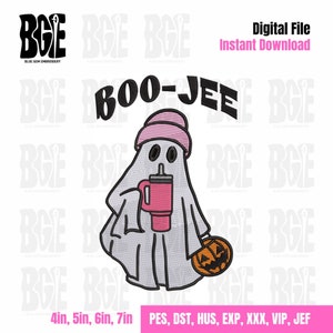 Boojee Ghost with Tumbler Embroidery Design, Ghost with Tumbler Halloween Embroidery Design, Instant Download