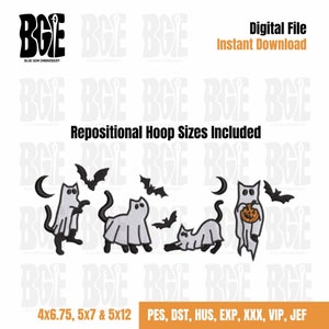 May include: Embroidery design featuring four ghost cats with bats and a crescent moon. The design is available in multiple sizes: 4x6.75, 5x7, and 5x12 inches. File formats include PES, DST, HUS, EXP, XXX, VIP, and JEF.