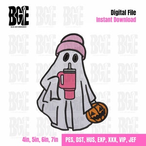 Ghost with Tumbler Embroidery Design: Halloween Applique (Instant Download)