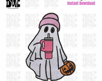 Ghost with Tumbler Embroidery Design, Ghost with Tumbler Halloween Embroidery Design, Instant Download