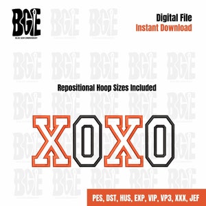 May include: Embroidery design of the letters XOXO in a varsity style font. The letters are outlined in white and filled in with orange. The background is white.