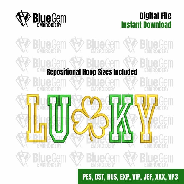 Lucky Shamrock Applique Embroidery Design with Repositional Hoop Sizes, 5x12, 4x6.75, 6x10, 5x7, 8x12 St. Patrick's Day Embroidery, 5 sizes