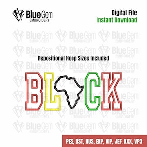 Puede incluir: Diseño de bordado negro y verde con la palabra "BLACK" en letras grandes y en negrita con un contorno rojo. Las letras están rodeadas por un contorno negro del continente africano.