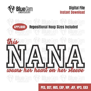 May include: Black and white embroidery design of the text "this NANA wears her heart on her sleeve". The design is for an applique and includes repositional hoop sizes.