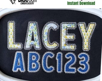 May include: An embroidery design featuring the name "LACEY" in floral print letters with white lace trim, and the letters "ABC123" in blue glitter with white lace trim. The design is on a black background. The words "Digital File Instant Download" are also visible.