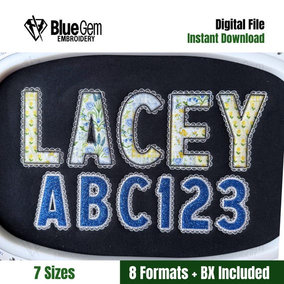 Lacey Applique Embroidery Font: Floral Lace, 7 Sizes (BX Font Included) (Digital File)