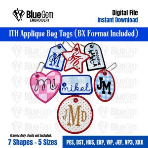 Set of 7 In-The-Hoop Bag Tags Embroidery Design – Applique Luggage Charm (Instant Download)