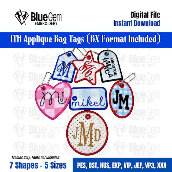 Set of 7 In-The-Hoop Bag Tags Embroidery Design – Applique Luggage Charm (Instant Download)