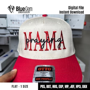 May include: A white and red baseball cap with the text "MAMA praying" embroidered in red and black thread. The cap is a classic fit with a mid profile.