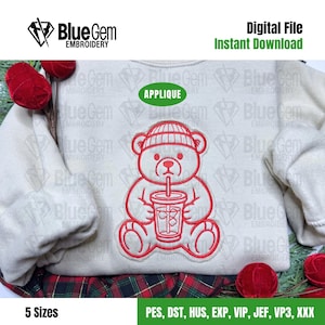 May include: A beige sweatshirt with a red embroidered design of a teddy bear wearing a hat and holding a drink. The text "Digital File Instant Download" is visible. The logo for Blue Gem Embroidery is in the upper left corner. The word "Applique" is in a green oval.