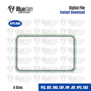 Puede incluir: Archivo de bordado digital con un borde festoneado verde y el texto "Blue Gem Embroidery". Incluye el texto "Applique" y "6 tamaños". También están presentes las palabras "Archivo digital" y "Descarga instantánea".