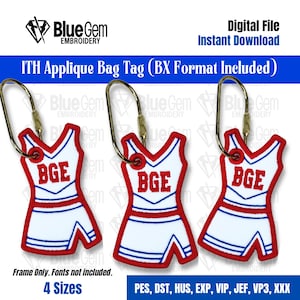 May include: Three white and red cheerleader uniform bag tags with the letters "BGE" in red. Each tag has a gold-colored metal clasp. The image includes the text "Digital File Instant Download" and "ITH Applique Bag Tag (BX Format Included)".