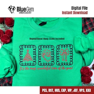 May include: A green sweatshirt featuring three Christmas-themed embroidery designs: a tree, Santa Claus, and a bow. The designs are outlined in black with red details. Text at the bottom reads "It's the most wonderful time of the year!"