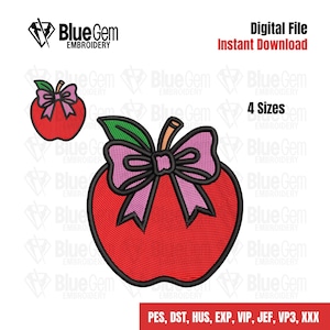 Apfel Stickdatei - Kokette Apfel Stickdatei - Apfel mit Schleife Stickdatei - 4 Größen - Lehrer Tag - Instant Download
