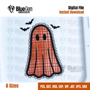 May include: An embroidery design featuring an orange and white plaid ghost with black scalloped lace trim and two black oval eyes. Three small black bats are positioned above the ghost. The text BlueGem EMBROIDERY is visible.