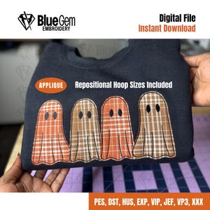 May include: Black sweatshirt featuring an applique design of four plaid ghosts in orange and brown. The text "APPLIQUE" and "Repositional Hoop Sizes Included" are visible. The words "Digital File Instant Download" are also present.