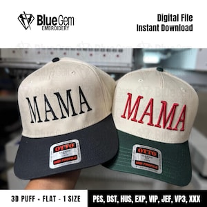 May include: Two baseball caps with the word "MAMA" embroidered on them. One cap has black embroidery and the other has red embroidery. Both caps are beige with black and green brims.