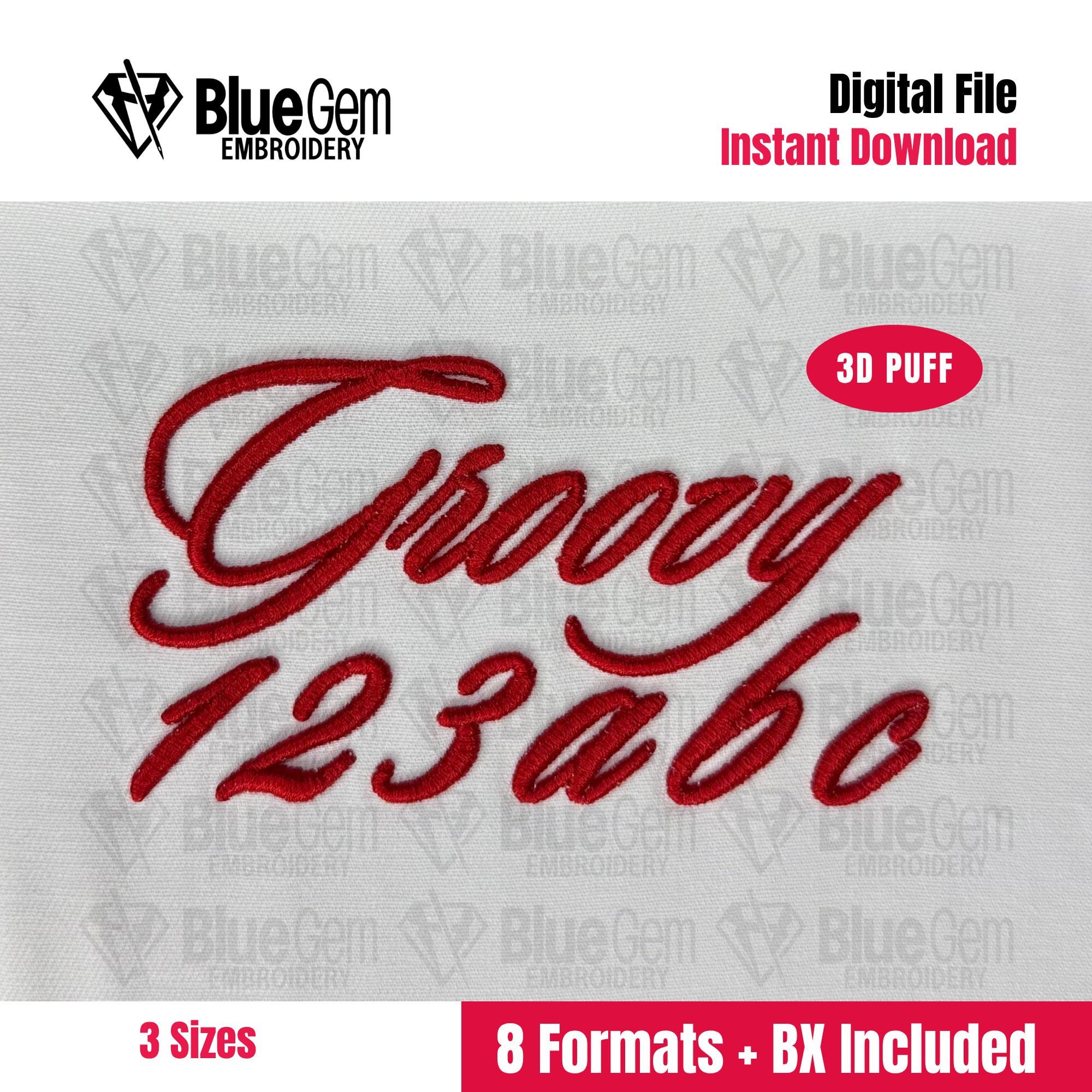 Script Puff Print 3D Puff Script Embroidery Font – 3 Sizes, 8 Formats (BX Font, Digital ...