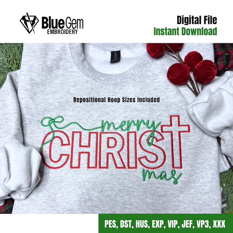 Merry Christmas Embroidery Design: Split Sizes Included (Instant Download)