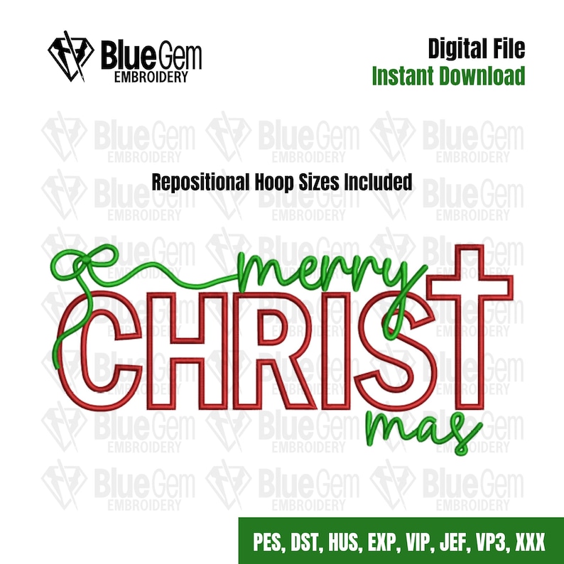 Merry Christmas Embroidery Design: Christ Mas Design - 5 Sizes - Split Sizes Included (Instant Download)