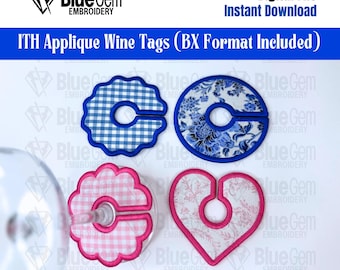 Juego de 4 etiquetas para copas de vino para bordar en bastidor (descarga instantánea)