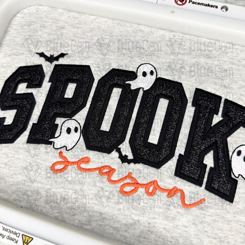 Spooky Season Applique Design with Bats and Ghosts - Halloween Embroidery Design - 5 Sizes - Split Sizes Included