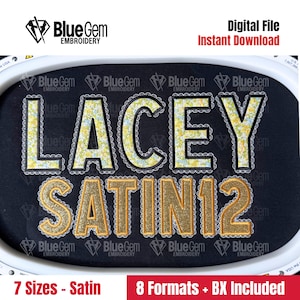 Puede incluir: Un diseño de bordado con el nombre "LACEY" en estampado floral amarillo con ribete de encaje blanco, y "SATIN12" en purpurina dorada. El diseño está sobre un fondo negro, con el texto "Digital File Instant Download".