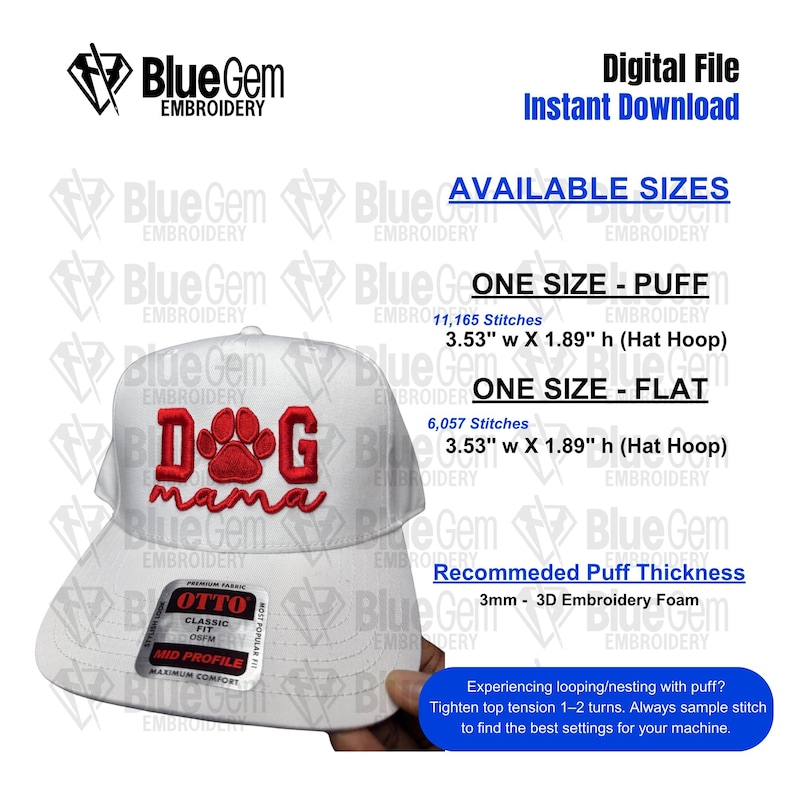 Dog Mama Hat Embroidery Design - Dog Mama Embroidery Design- 1 Size - 3D Puff and Flat - Instant Download