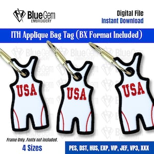 May include: White bag tags with the word "USA" in red, outlined in black, and attached to a silver keychain. The tags are in the shape of a wrestling singlet. The image includes the text "Digital File Instant Download" and "ITH Applique Bag Tag".