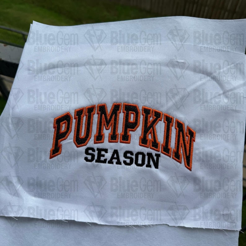 May include: White fabric with the text "PUMPKIN SEASON" embroidered in orange and black.