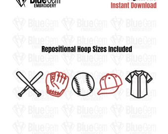 Baseball Icons Embroidery Design: 7 Sizes, Split Sizes (Instant Download)