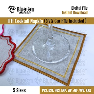May include: A square cocktail napkin with a gold border, a wine glass, and the text "ITH Cocktail Napkin (SVG Cut File Included)". The napkin is light gray with a gold border and a wine glass on top. The image also includes the text "Digital File Instant Download".