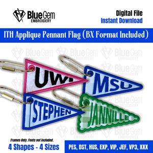 May include: Four embroidered pennant flags in various colors, including pink, blue, and green. Each flag features a different name or initial, with a metal clasp attached. The flags are designed for embroidery projects.