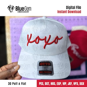 May include: White baseball cap with the red embroidered word "xoxo". The cap has a curved brim and a "Premium Fabric" sticker. The image also includes the text "Digital File Instant Download".