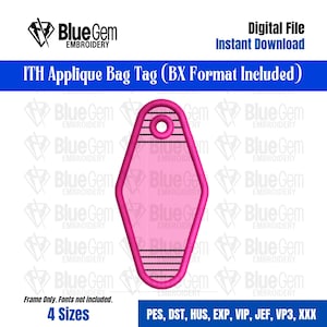 May include: A pink diamond-shaped ITH applique bag tag embroidery design featuring a central hole and horizontal black stitching lines at the top and bottom. The digital file includes BX format and is available in 4 sizes with various file formats.