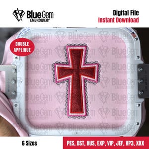 May include: A pink fabric with a red and pink cross applique design. The cross is outlined with a decorative border. The image includes the text "Digital File Instant Download" and "Double Applique".