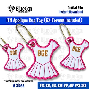 May include: Three white and pink applique bag tags in the shape of a dress, each with the letters "BGE" in gold. The tags have a gold-colored metal loop at the top. The text "Digital File Instant Download" is also visible.