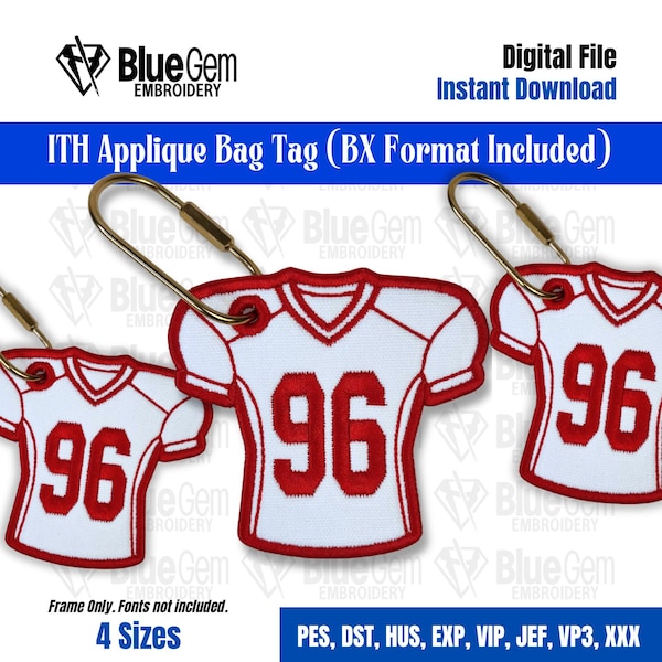 In-The-Hoop Football Jersey Bag Tag Embroidery Design – Football Bag Tag, 4 Sizes, BX Format Included (Instant Download)