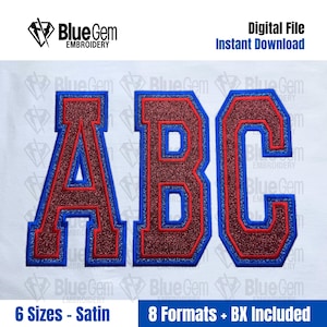 May include: Digital embroidery file featuring the letters ABC in a collegiate style. The letters are red with a glitter effect, outlined in blue. The image includes the text "Digital File Instant Download".