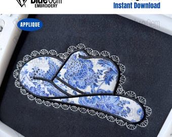 May include: An applique embroidery design of a cowboy hat with a blue floral pattern and white lace trim. The design is labeled "Blue Gem Embroidery" and "Digital File Instant Download". The image also indicates the design is available in 6 sizes.