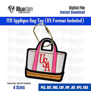 May include: Embroidered bag tag with the text "USA" in red, pink straps, and a gold-colored clasp. The tag is white with a brown border. The text "Digital File Instant Download" is also visible.